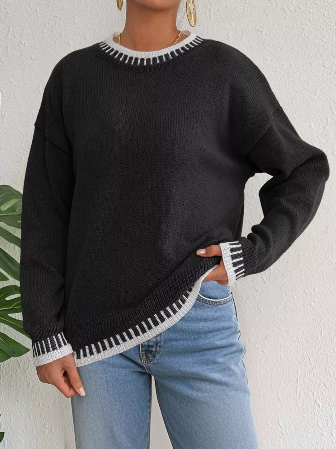 Contrast whipstitch trim drop shoulder crew neck sweater