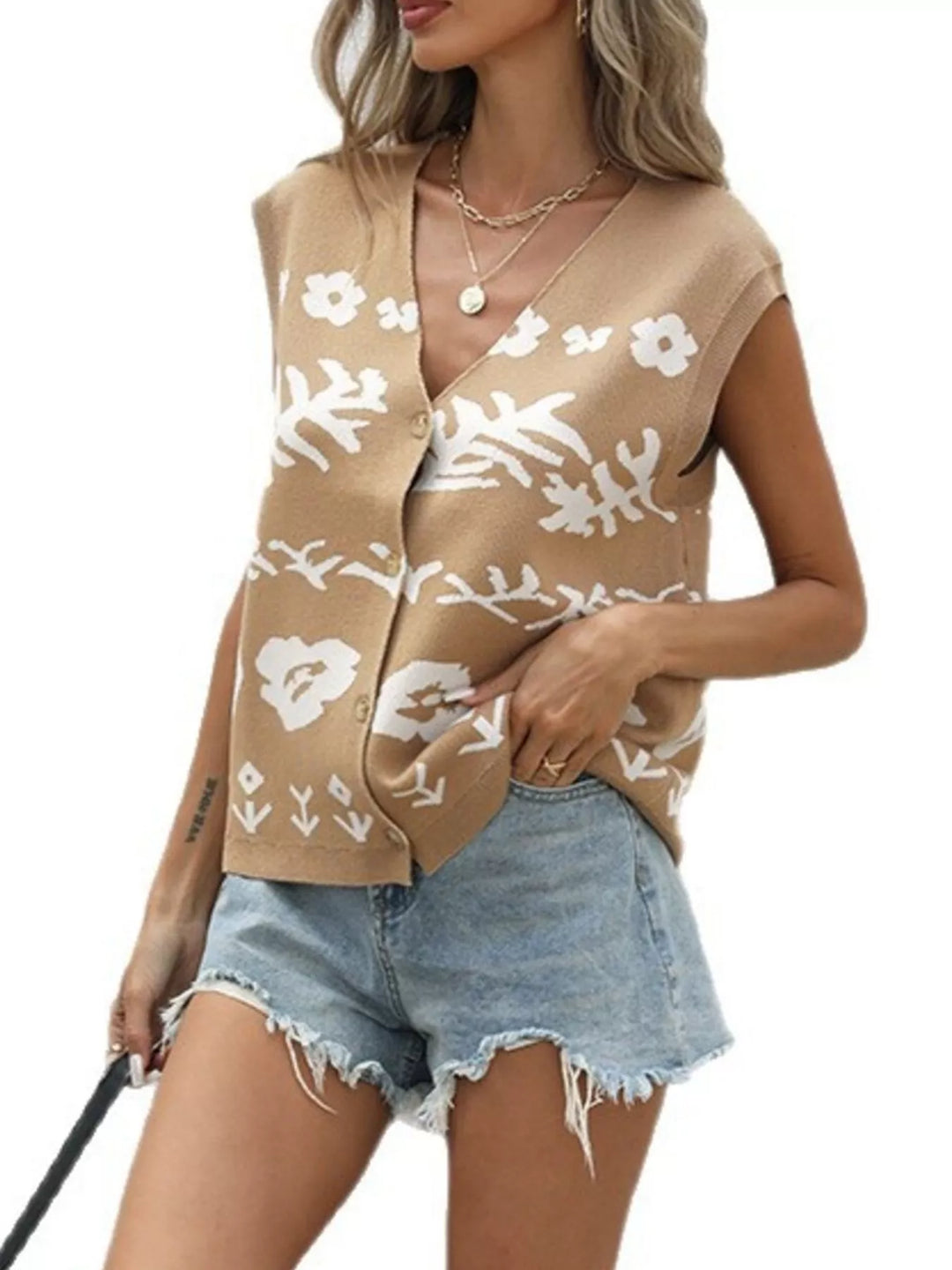 Floral jacquard button-front V-neck sweater vest