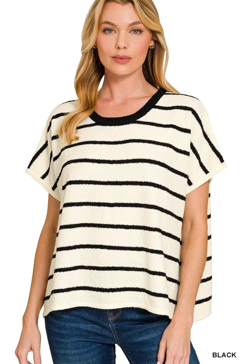 BLACK Striped oversized short-sleeve knit sweater top