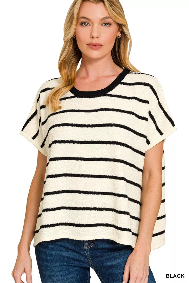 BLACK Striped oversized short-sleeve knit sweater top