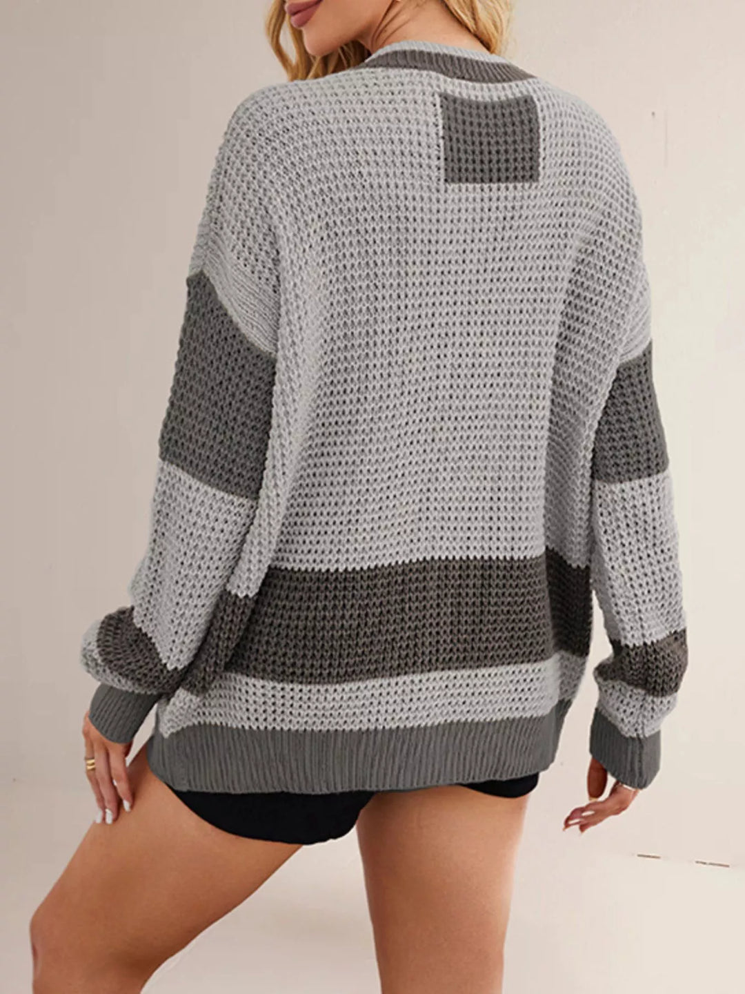 Color block waffle knit button-front V-neck cardigan