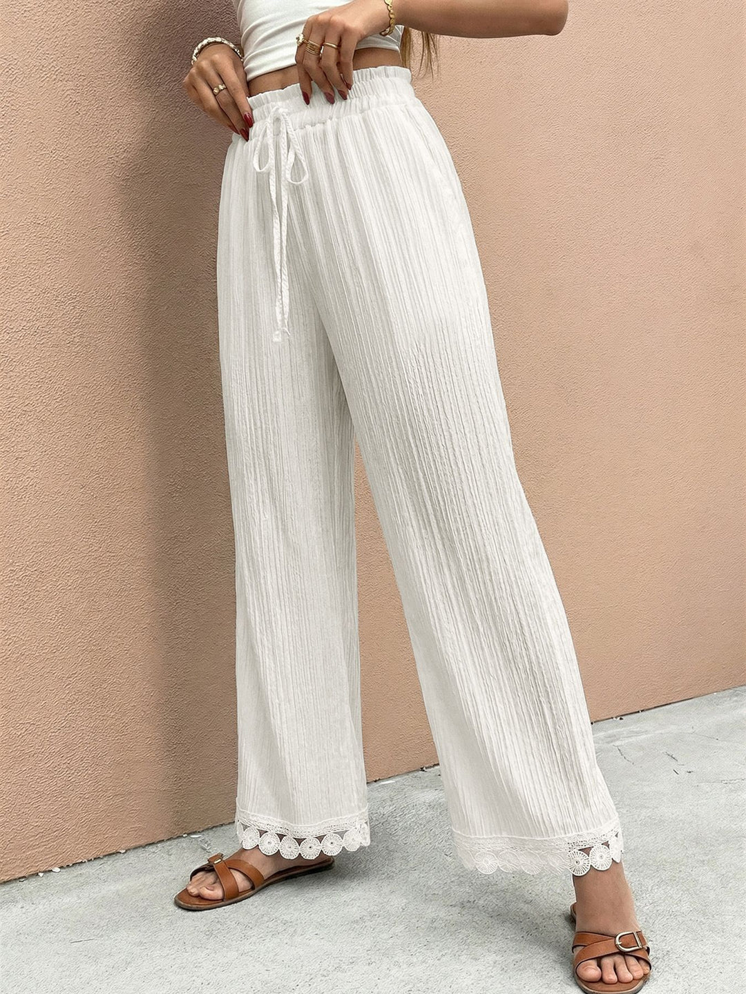Crinkle wide-leg drawstring pants with lace trim hem
