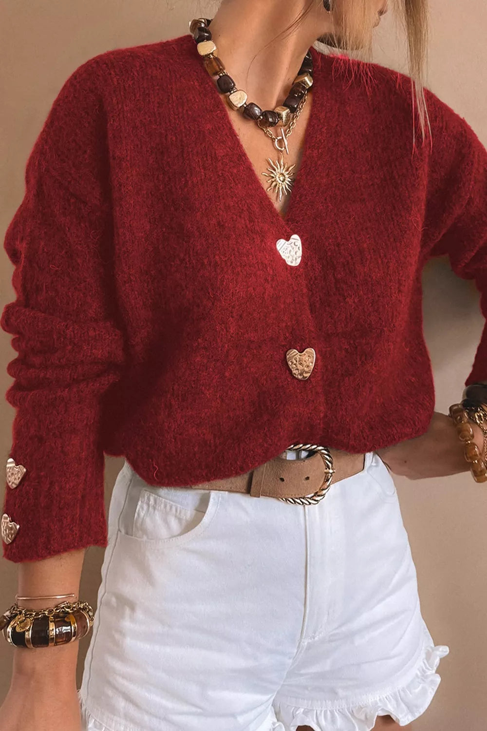 Burgundy Fuzzy knit cropped cardigan with gold heart buttons
