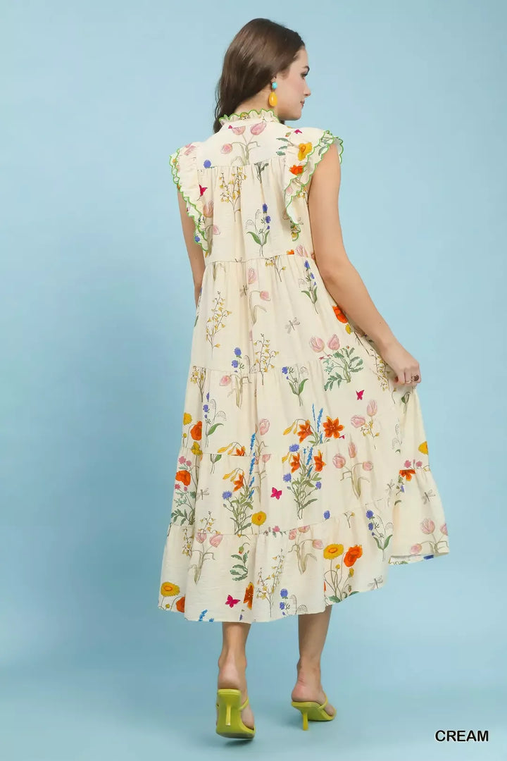 Floral tiered midi dress with scalloped ruffle trim