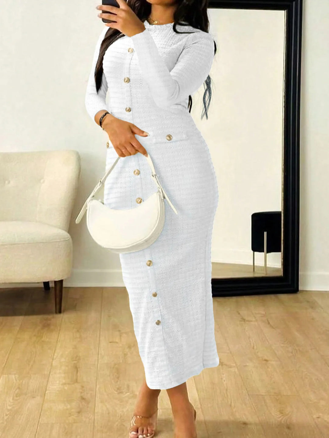 Textured knit button-front long sleeve midi dress