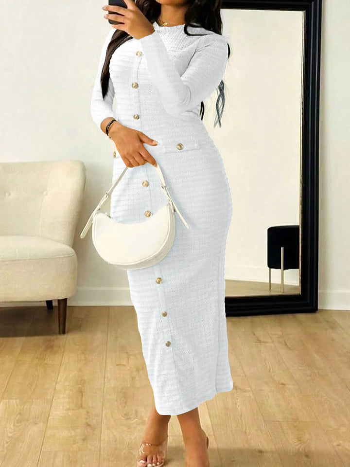 Textured knit button-front long sleeve midi dress