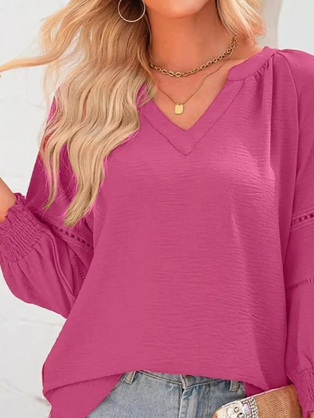 Openwork lace trim blouse with smocked cuffs and split neck