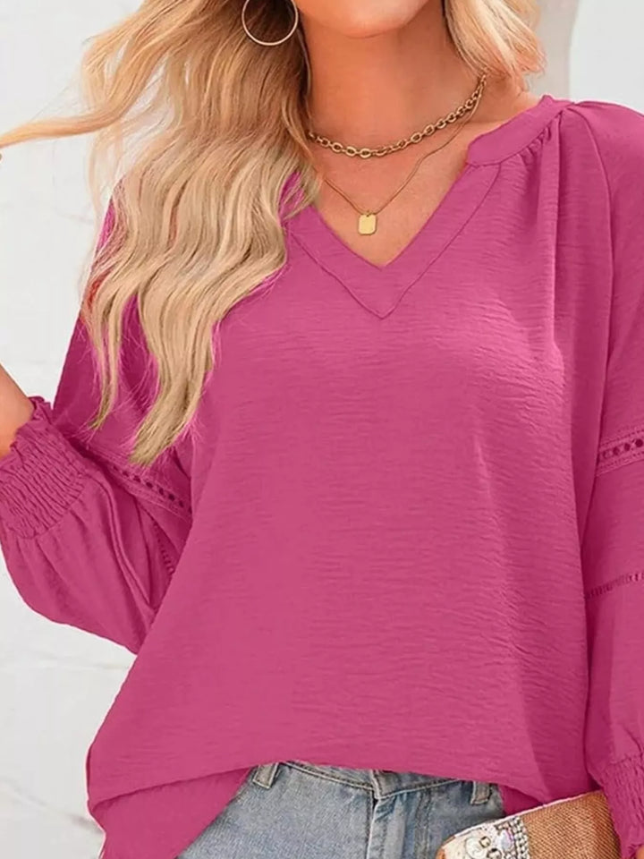 Openwork lace trim blouse with smocked cuffs and split neck