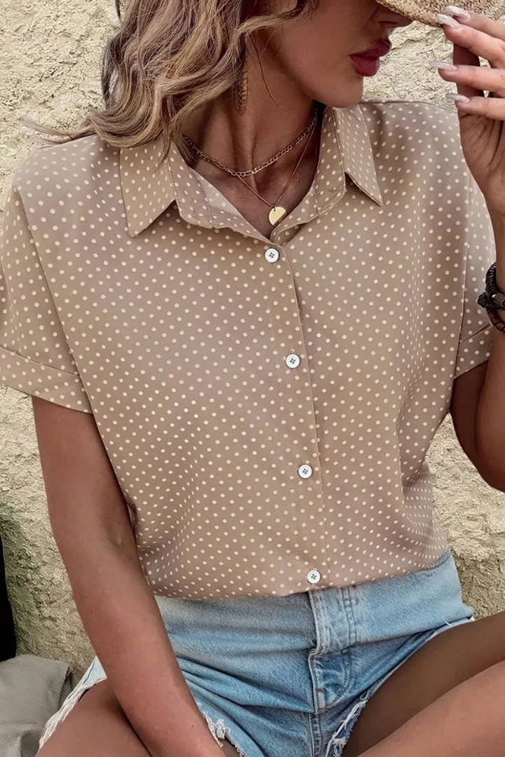 Polka dot short-sleeve button-down collared shirt