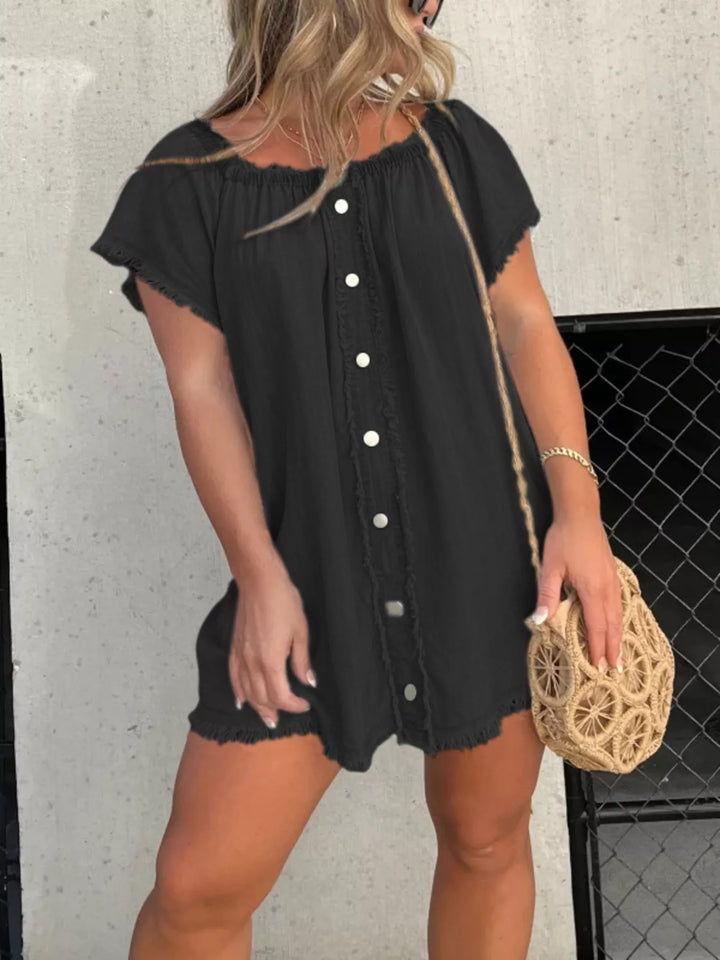 Black Frayed off-shoulder button-down denim mini dress
