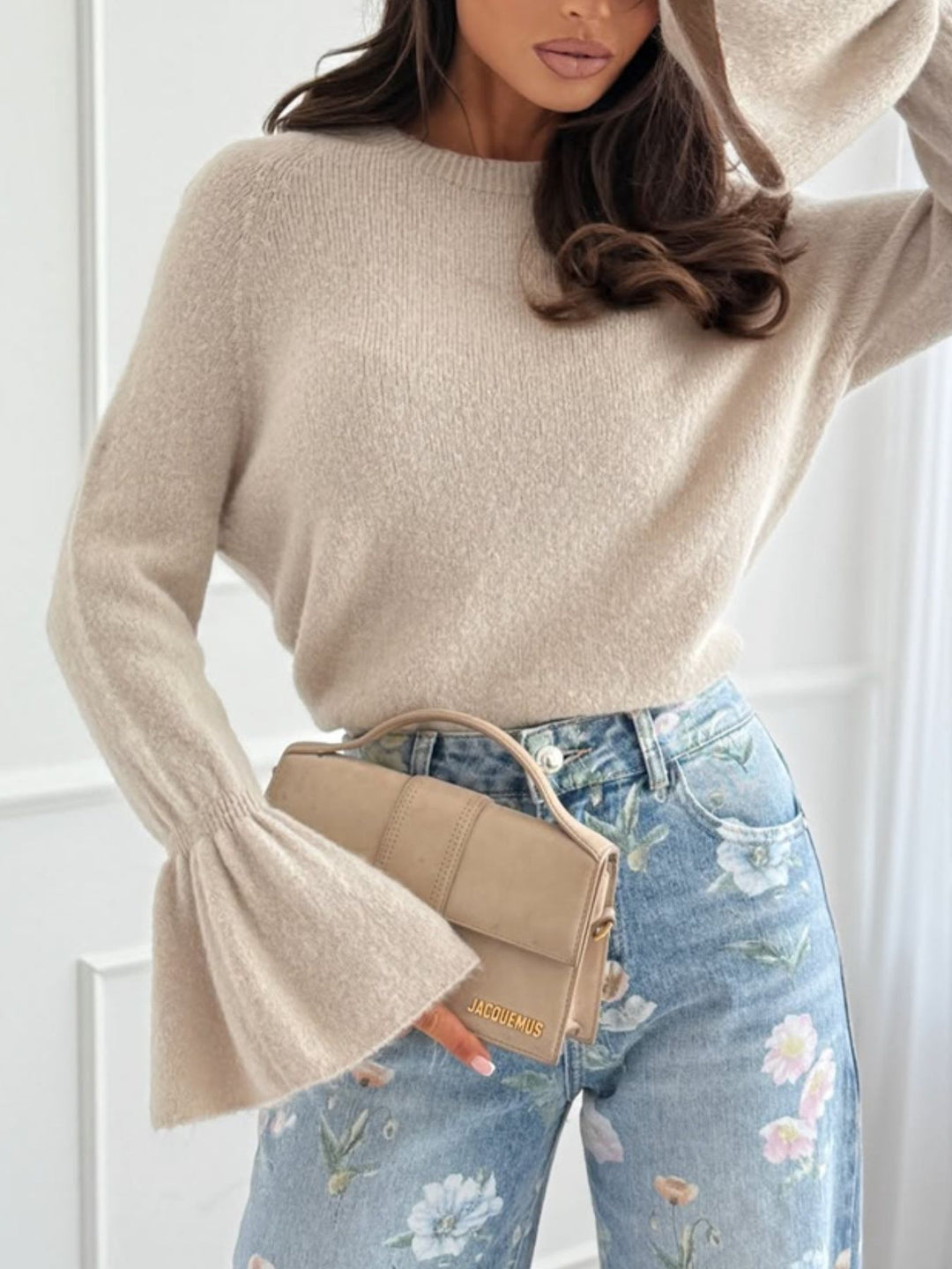 Apricot Round neck flounce sleeve ribbed knit sweater