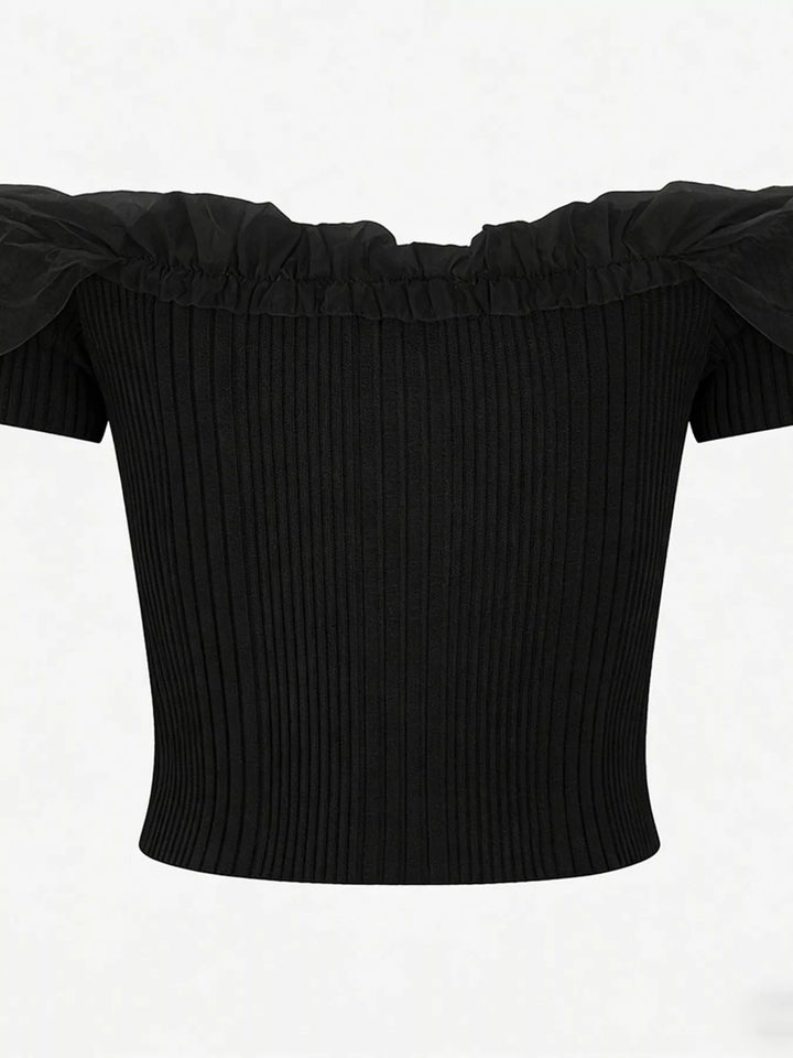 Ribbed off-shoulder crop top with ruffle trim and 3D floral detail