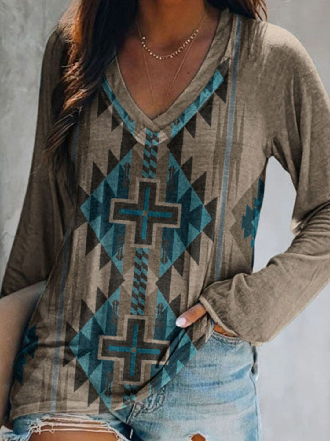 Coffee Aztec geometric print v-neck long sleeve top