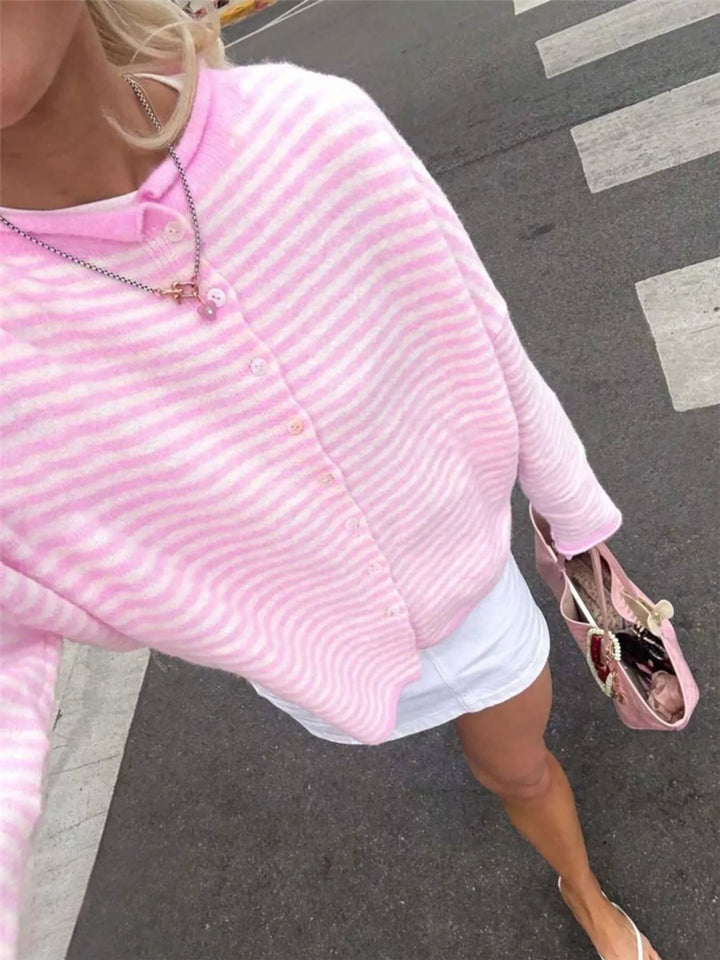 Striped lightweight knit button-front cardigan