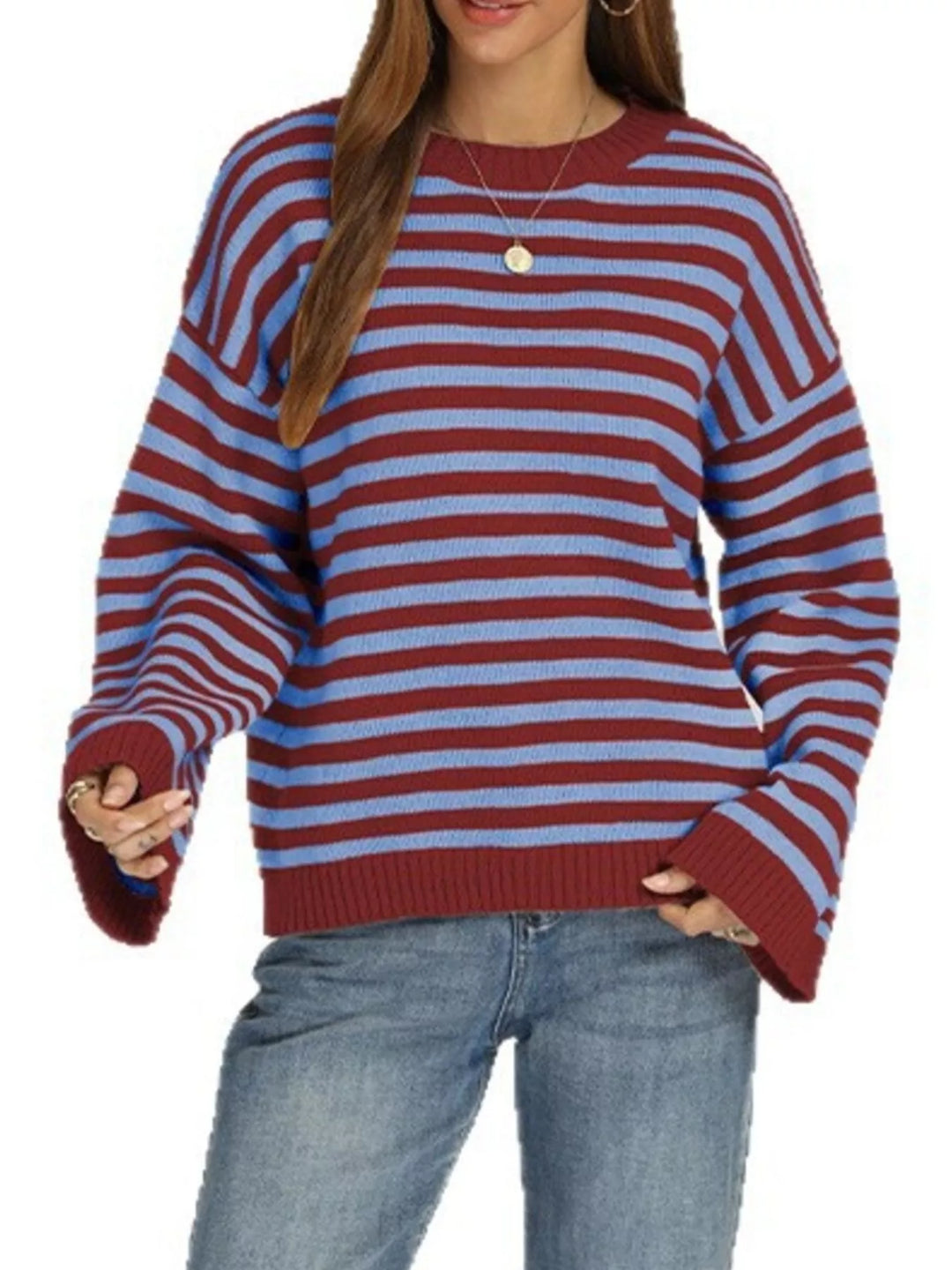 Striped drop shoulder crew neck sweater with ribbed trim