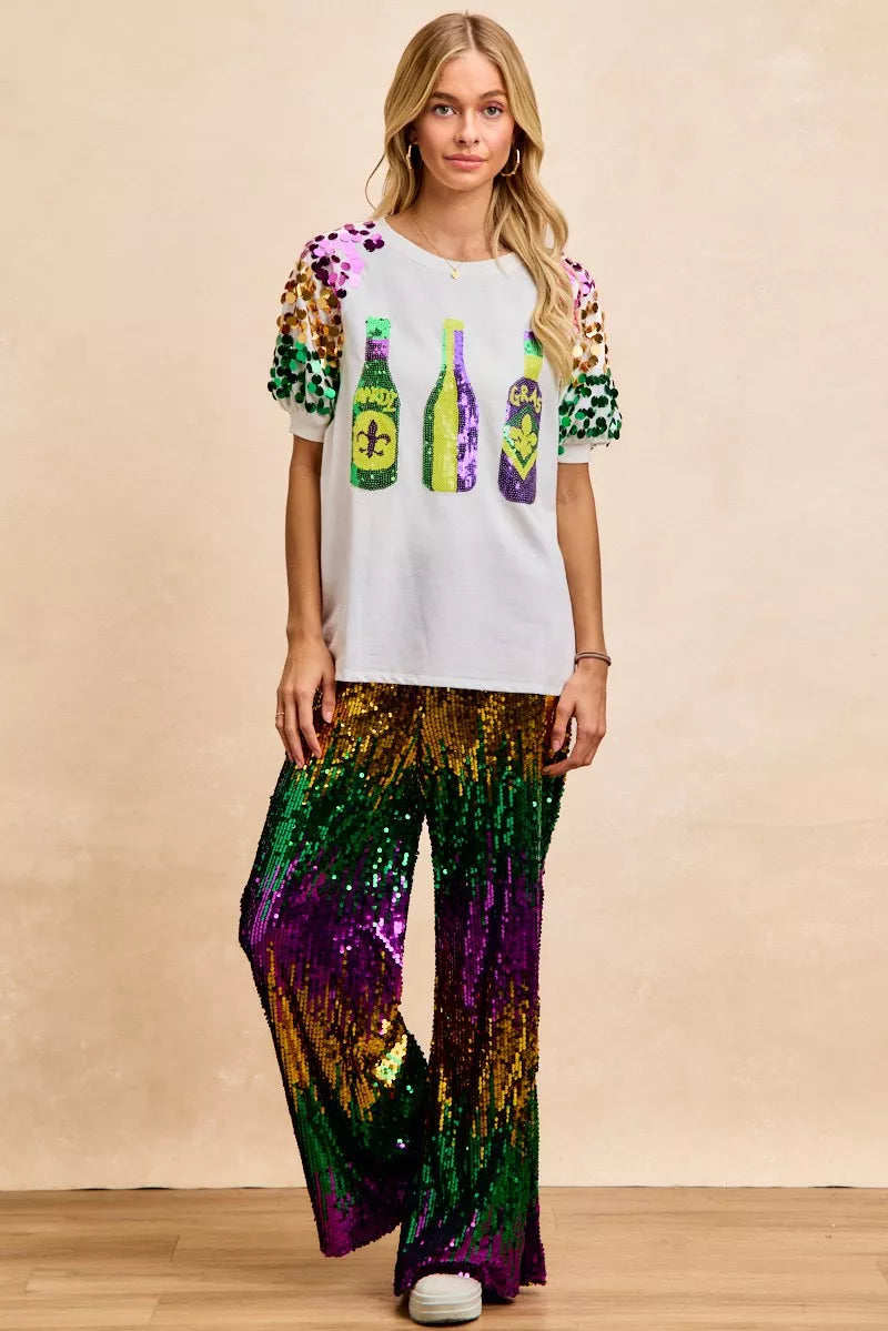 Sequin Mardi Gras bottles graphic tee with paillette sleeves