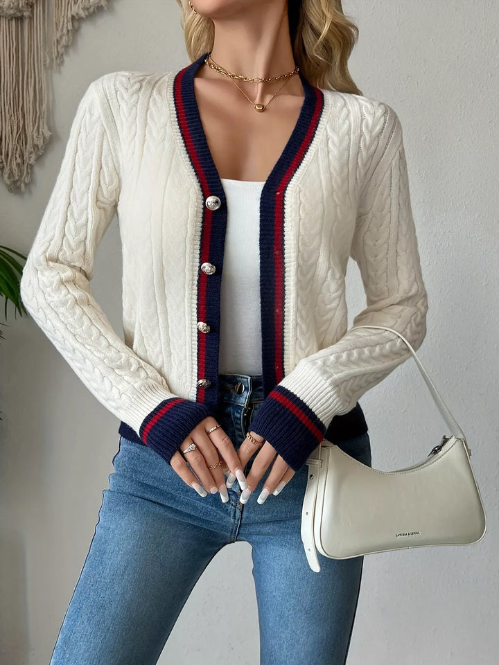 Cable knit cardigan with contrast trim and gold buttons