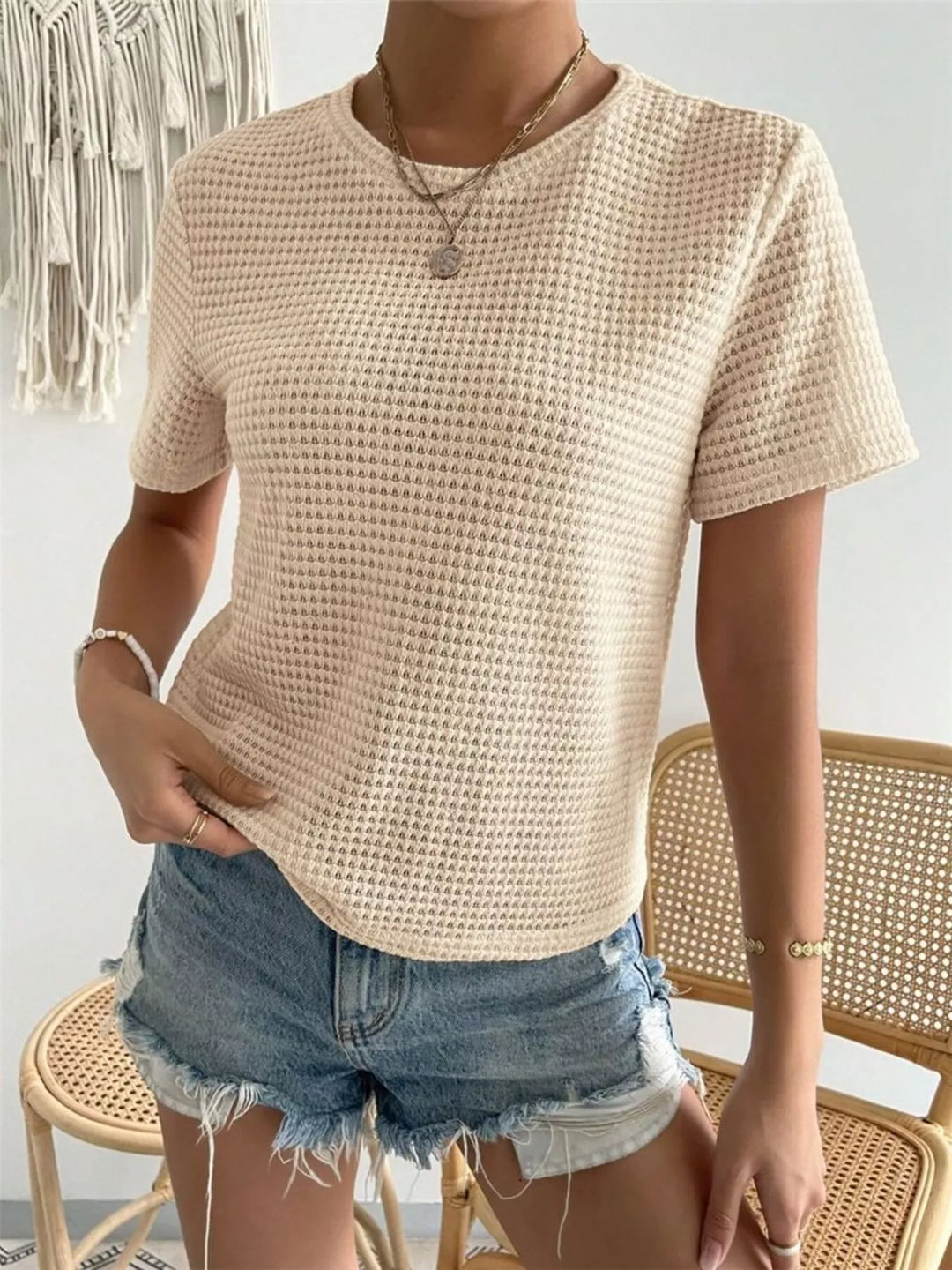 Beige Waffle knit crew neck short sleeve top