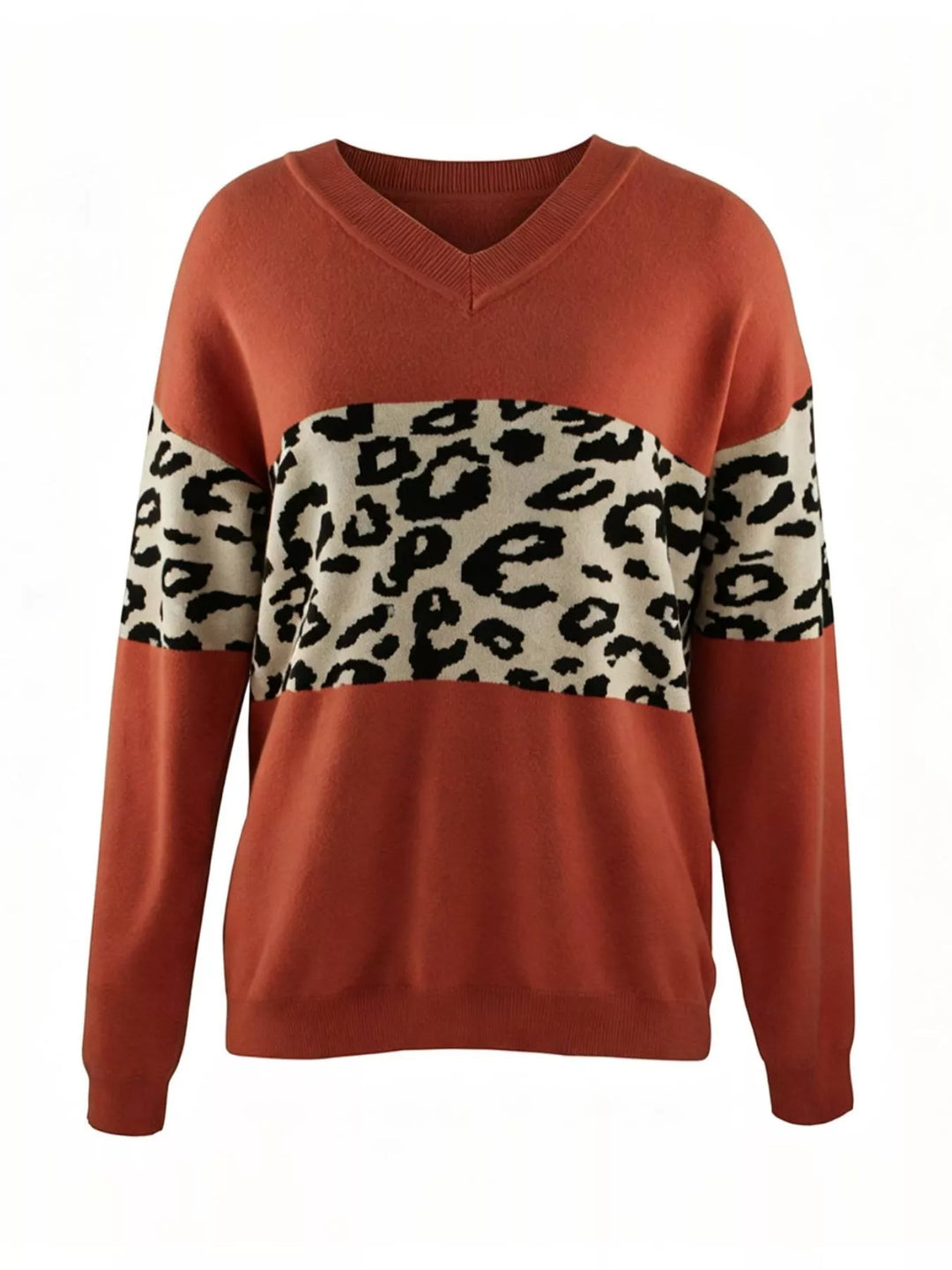 Red Leopard colorblock V-neck drop shoulder knit sweater
