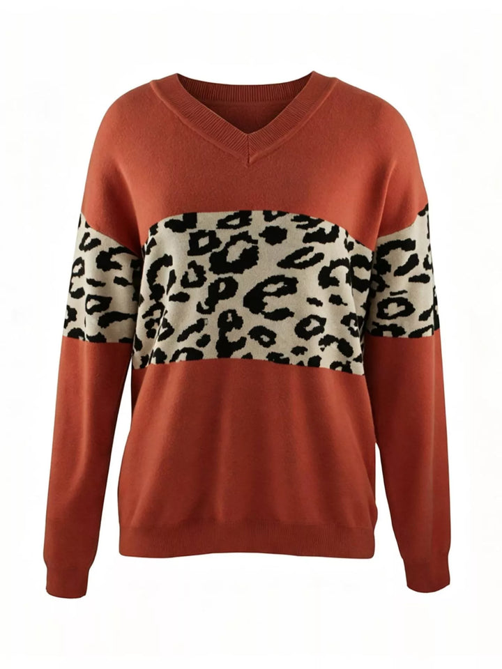 Red Leopard colorblock V-neck drop shoulder knit sweater