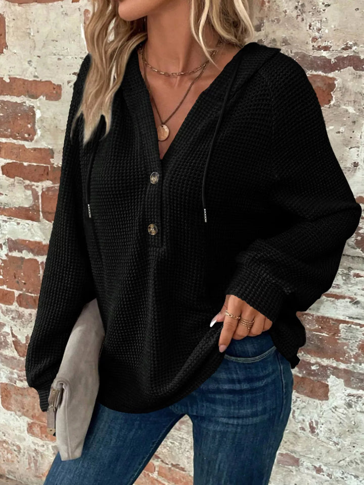 Black Button-detail waffle knit hoodie with drawstring hood