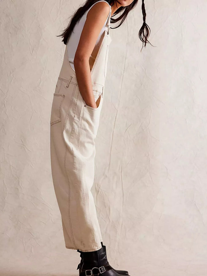 Wide-leg cotton denim overalls with adjustable straps