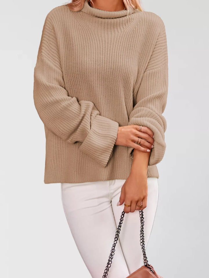 Khaki Oversized ribbed mock neck drop shoulder sweater