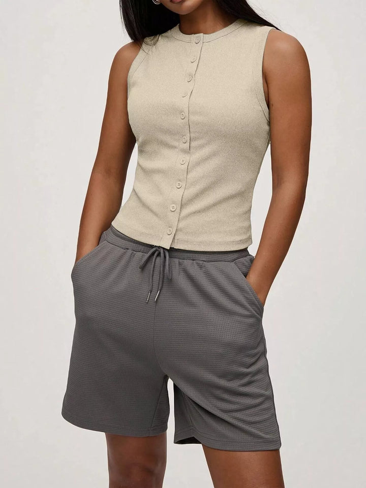 Khaki Ribbed mock-neck button-front sleeveless tank