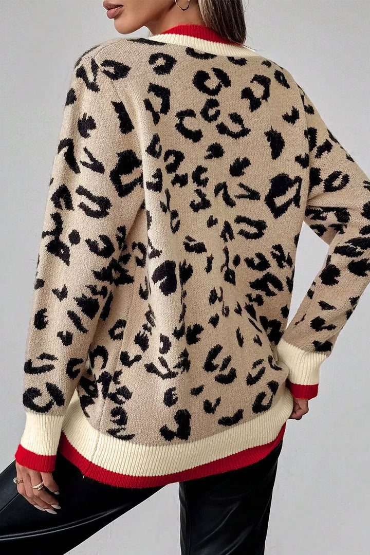 Leopard print v-neck sweater with contrast varsity rib trim