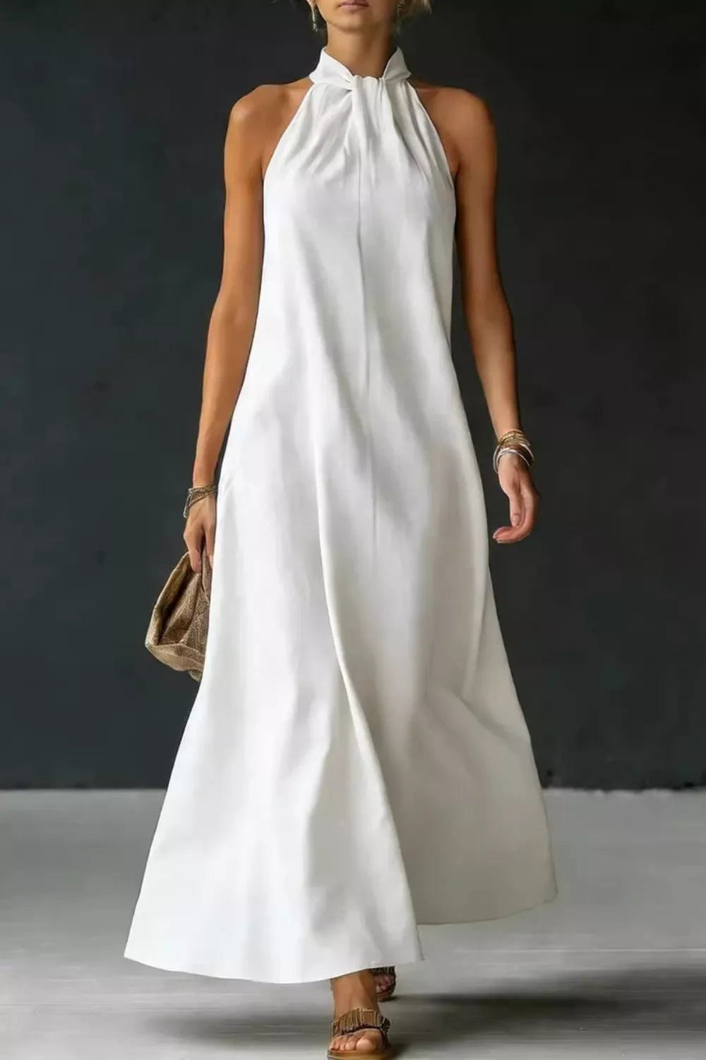 White Halter neck sleeveless cotton maxi dress with slit