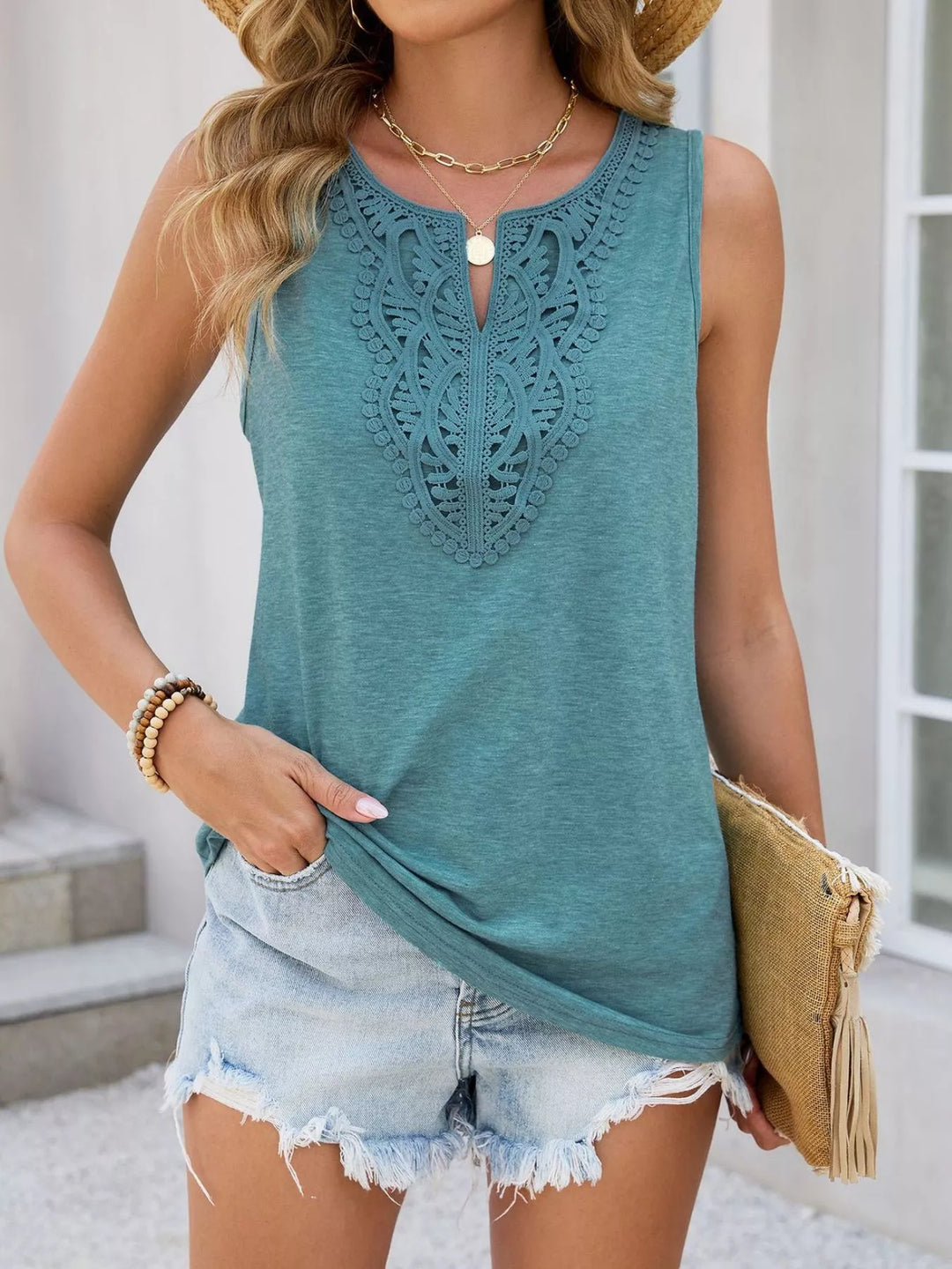 Lace crochet-trim notch-neck sleeveless tank top