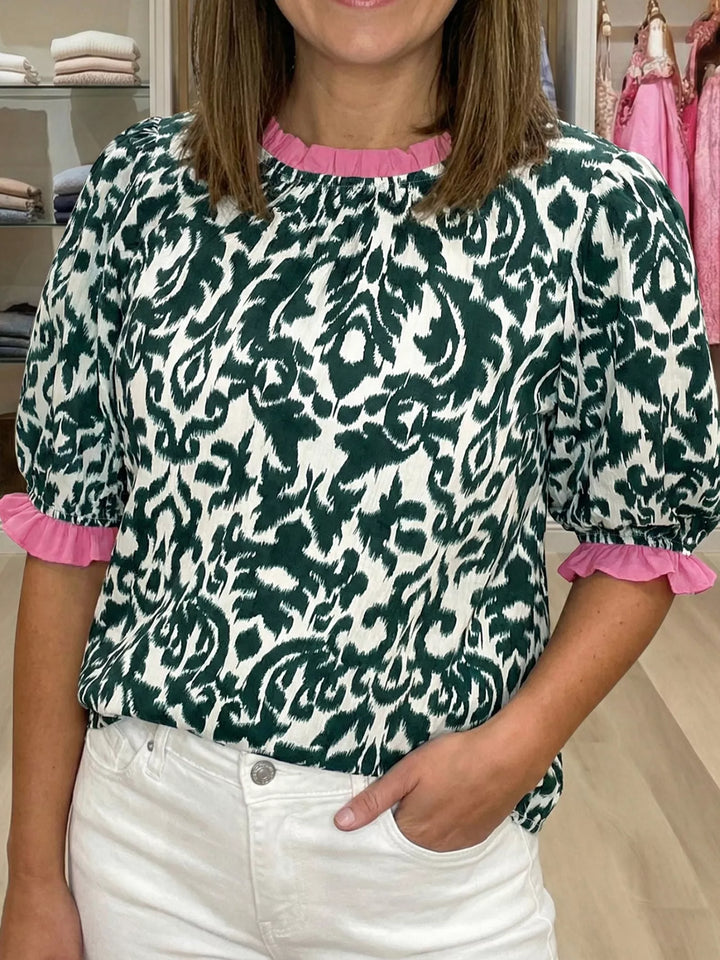 Fuchsia Pink Ruffle contrast trim damask print puff sleeve blouse