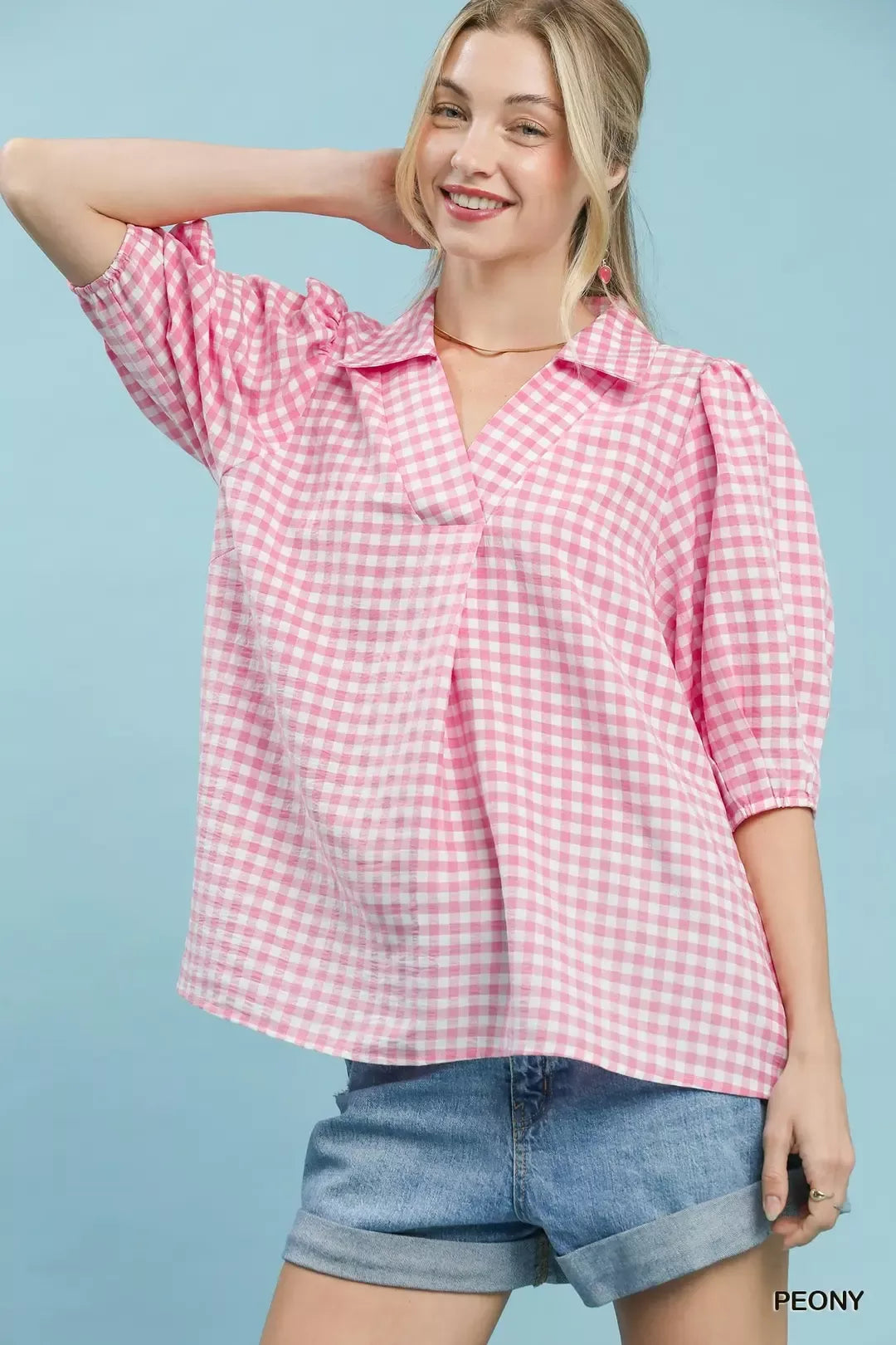 PEONY Gingham puff sleeve collared blouse with split V-neck