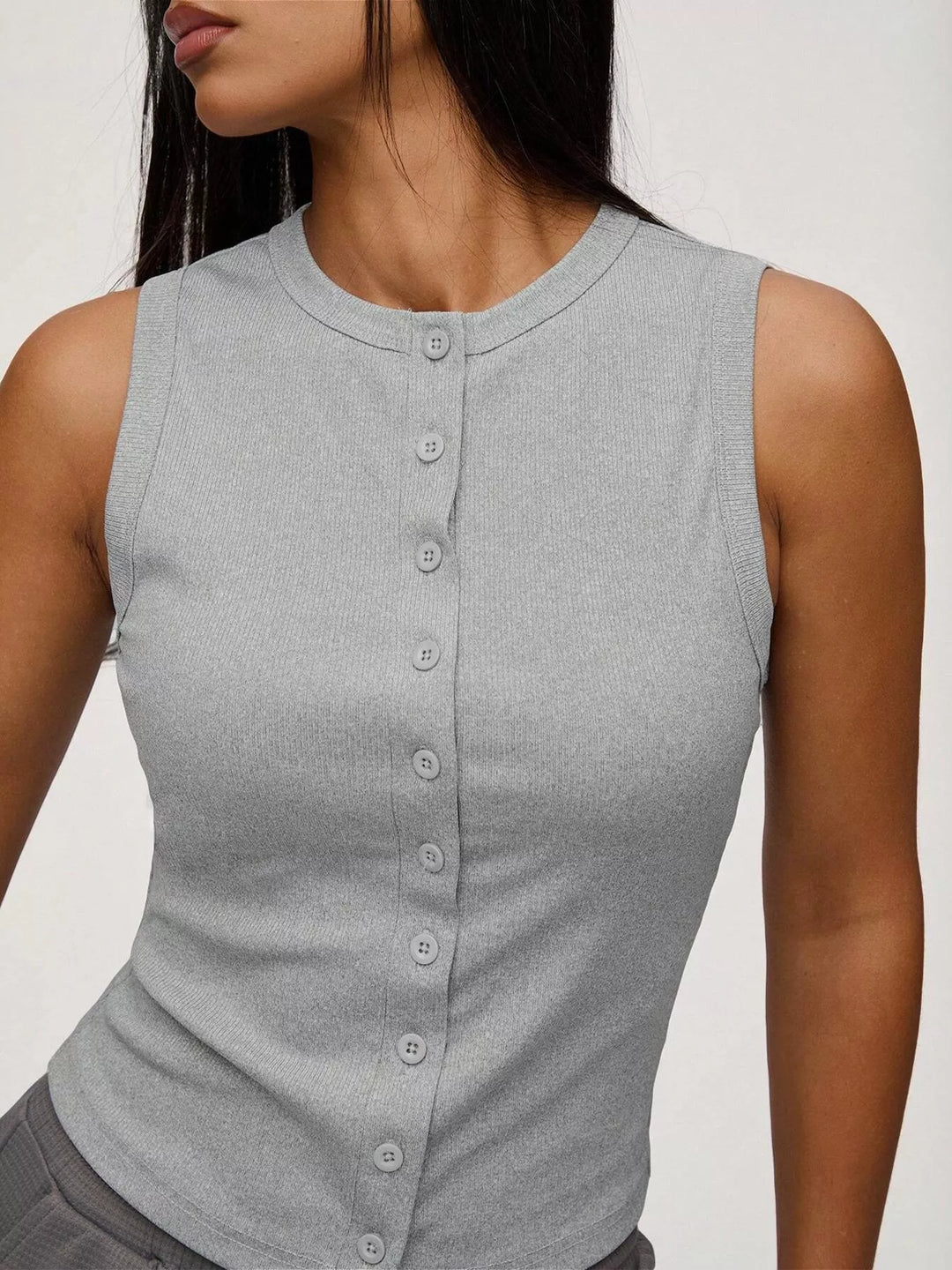Ribbed mock-neck button-front sleeveless tank