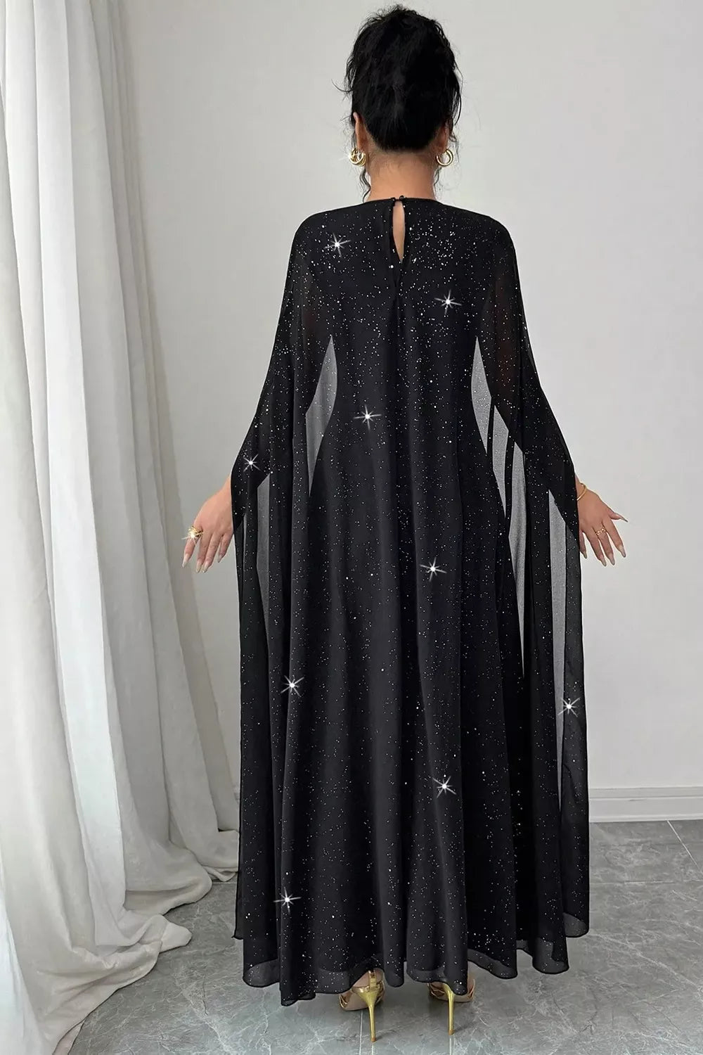Glitter cape-sleeve maxi dress with chain neckline detail