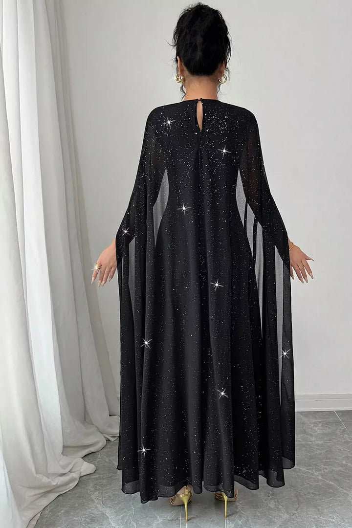 Glitter cape-sleeve maxi dress with chain neckline detail