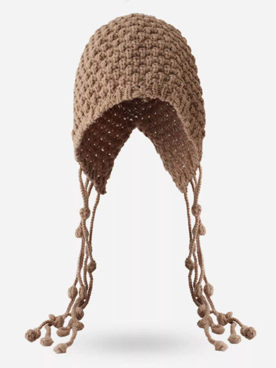 Khaki Chunky knit earflap beanie with braided tassel ties