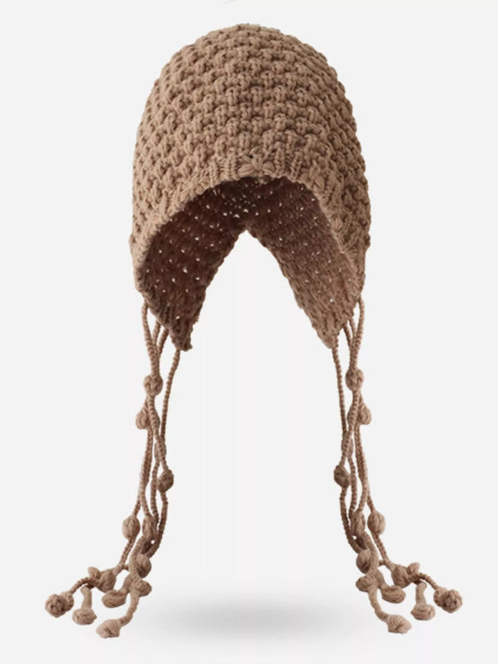 Khaki Chunky knit earflap beanie with braided tassel ties