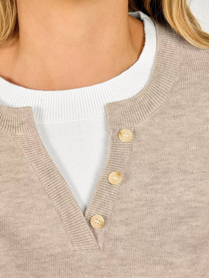 Notch neck button-trim drop shoulder sweater