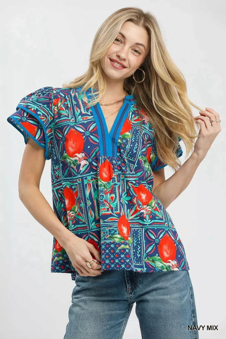 NAVY MIX Abstract tile print flutter sleeve blouse with split V-neck