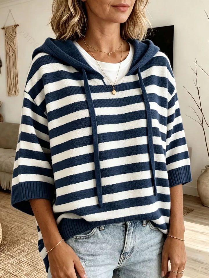 Navy Striped drawstring hooded sweater with elbow-length sleeves