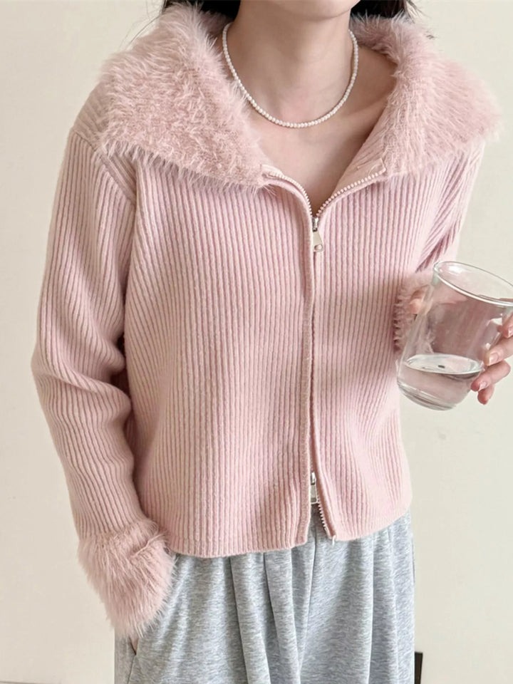 Blush Pink Ribbed knit zip-up cardigan with fluffy faux fur trim