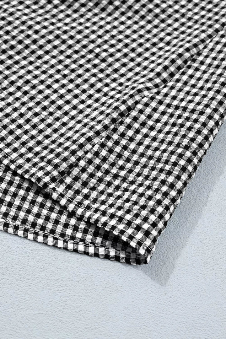 Gingham ruffle half-sleeve crew neck blouse