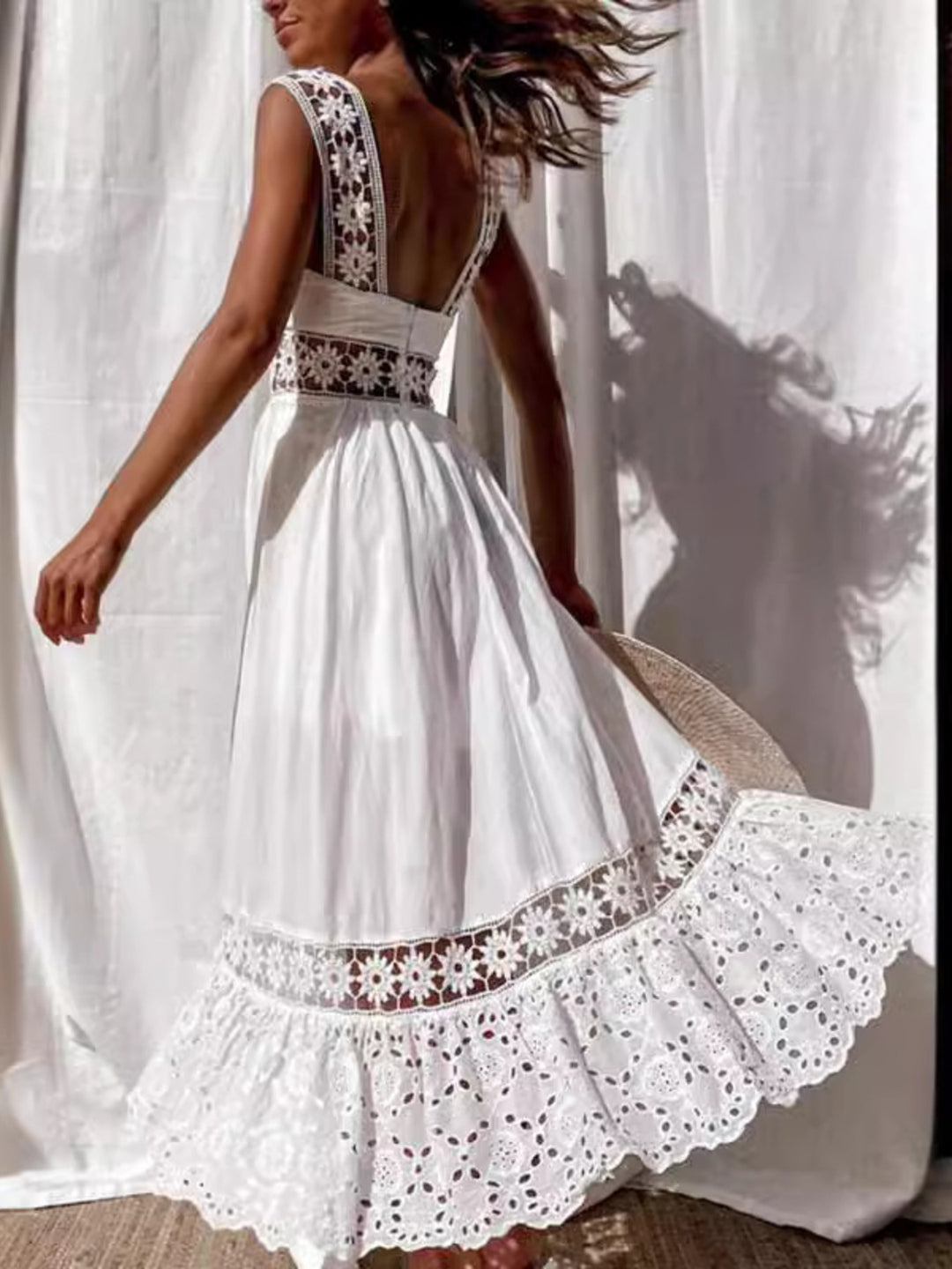 Openwork crochet sleeveless midi dress with eyelet hem