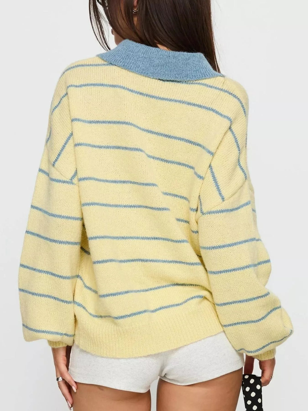 Relaxed striped knit polo sweater with contrast collar