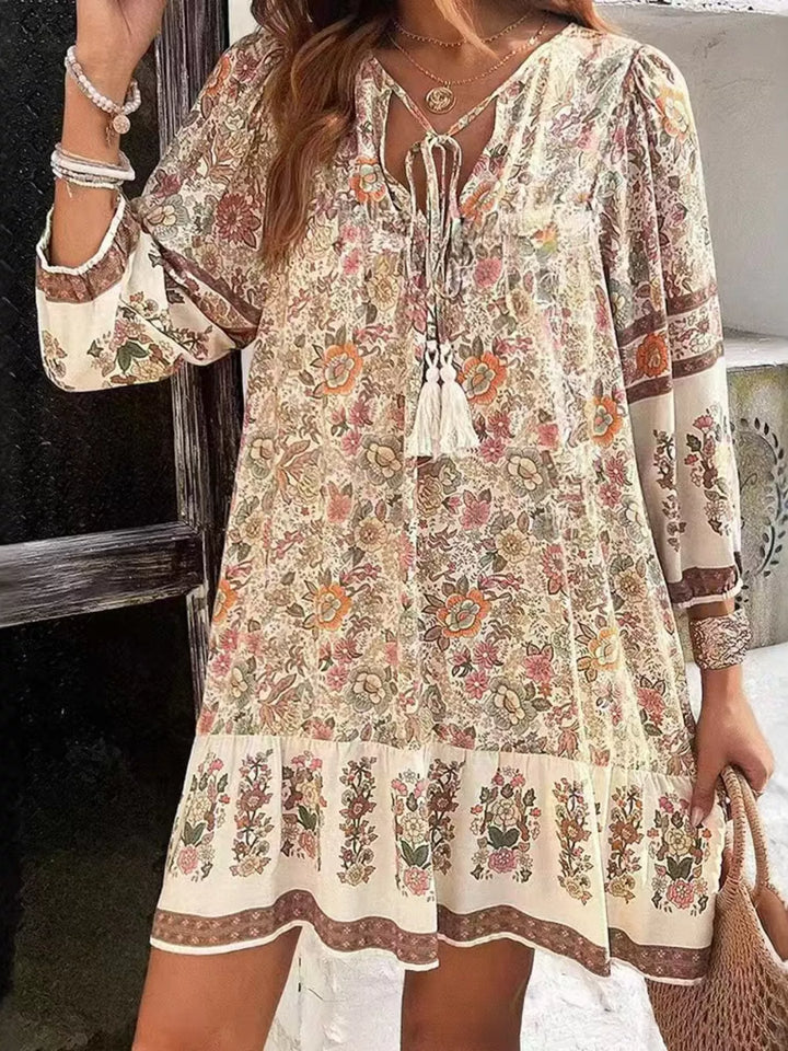Boho floral v-neck mini dress with tassel tie and long sleeves
