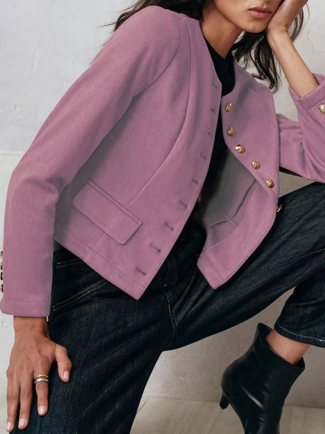 Round neck collarless blazer with gold buttons