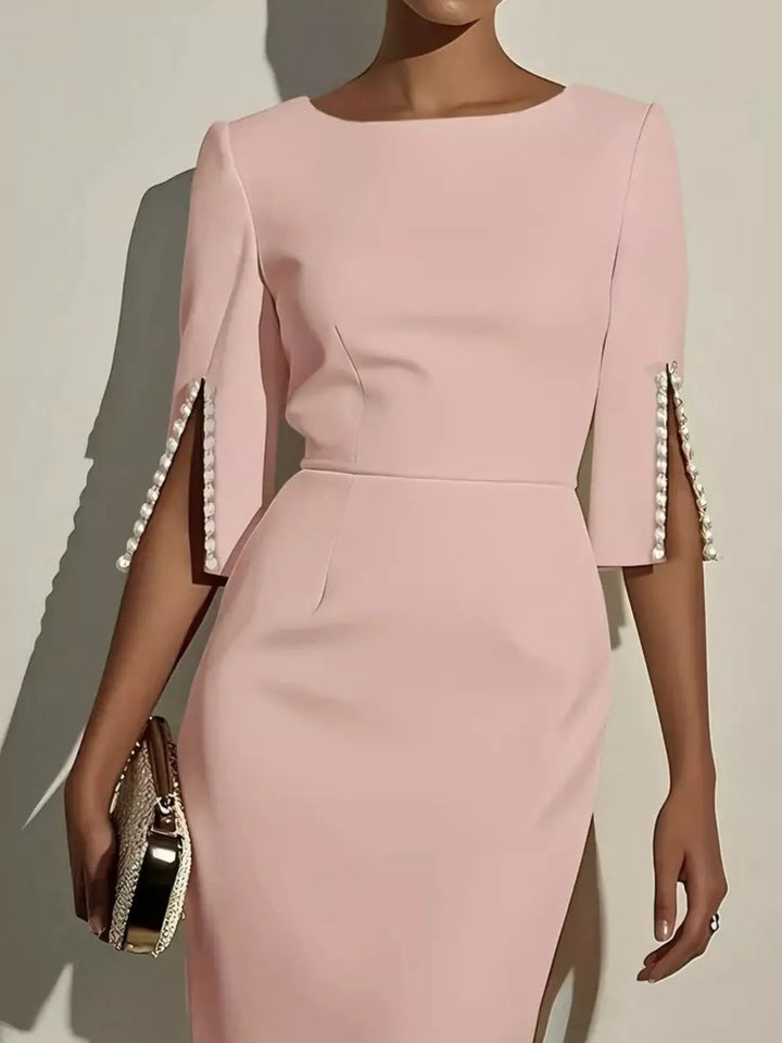 Pearl-trim split-sleeve sheath midi dress