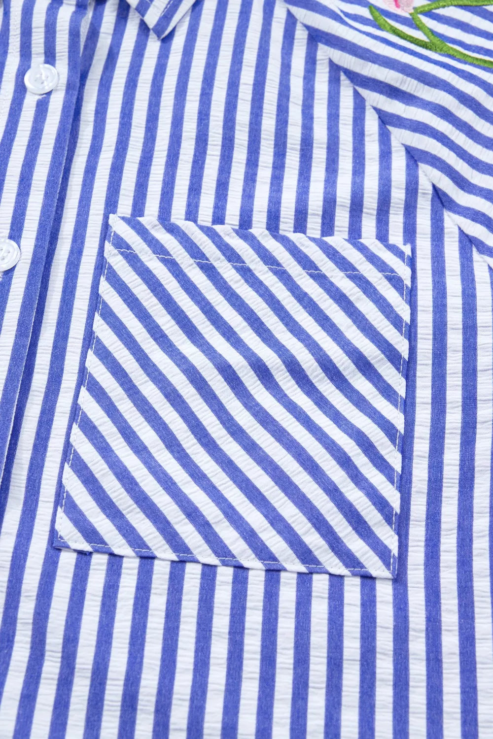 Striped floral-embroidered puff sleeve button-down shirt