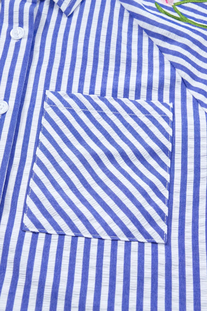 Striped floral-embroidered puff sleeve button-down shirt